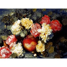 Натюрморт: цветы в глиняной вазе, выполненный маслом на холсте